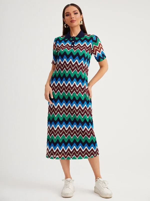 Chevron Button Front Short Sleeve Polo Straight Natural Long Dress