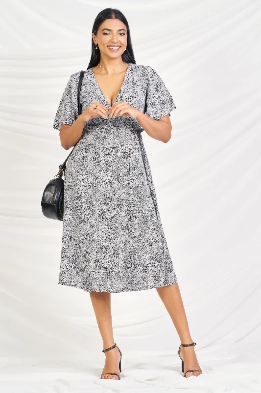 Black & White Floral Midi Wrap Dress - Regular Fit