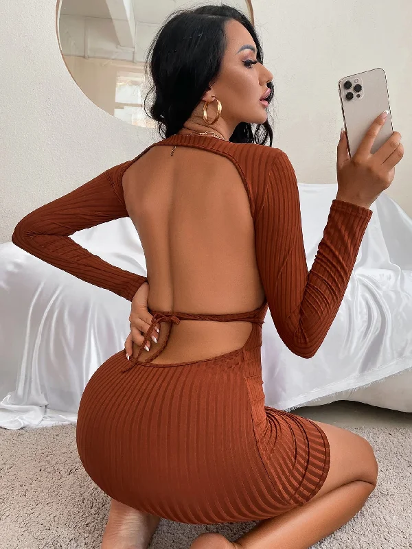 Plain Rib-Knit Long Sleeve Round Neck Pencil High Waist Mini Dress