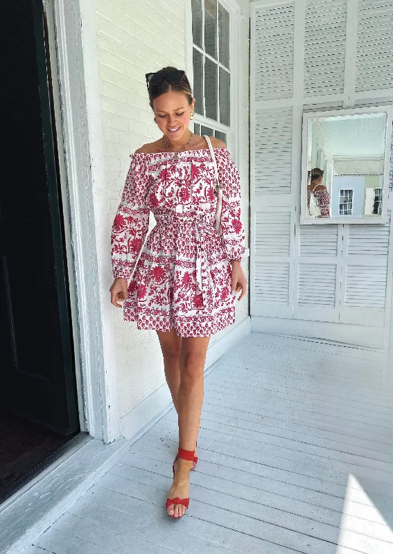 Faye Belted Dress Red and White Floral