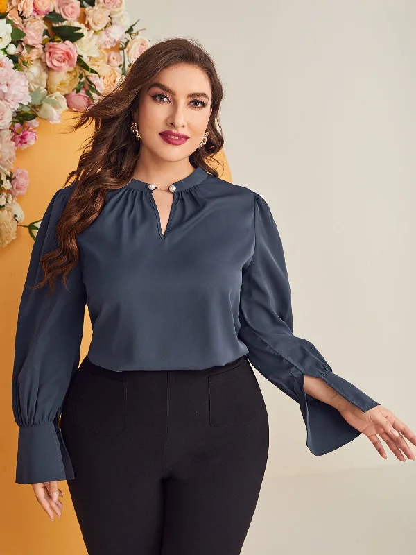 Plain Split Long Sleeve Notched Regular Plus Size Blouse