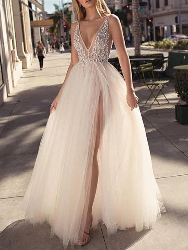 Bridal Dress 2021 A Line V Neck Sleeveless Beaded Court Train Front Split Tulle Bridal Gowns