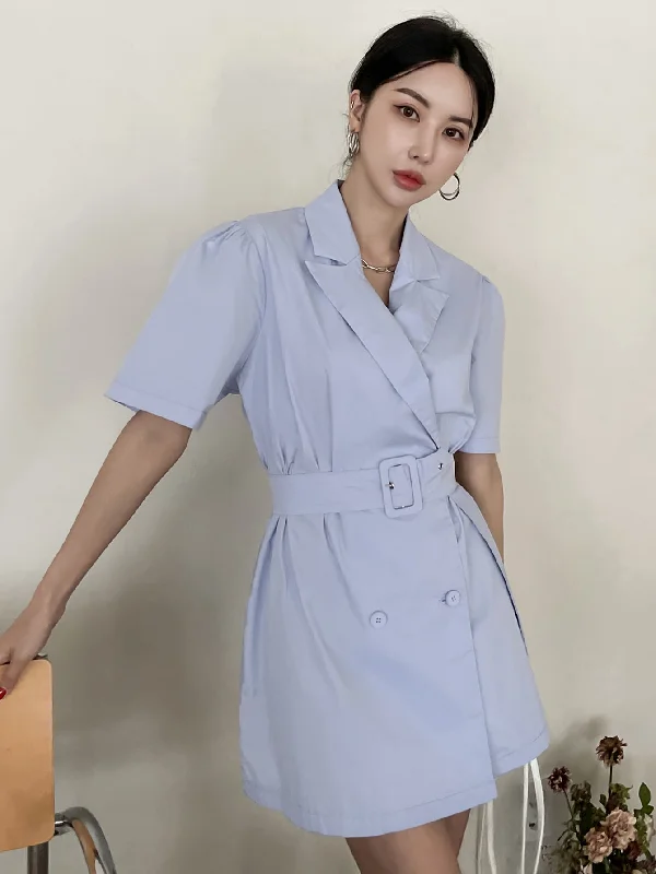 Plain Button Short Sleeve Lapel Straight Natural Short Dress