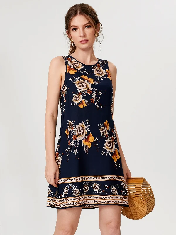 Floral Sleeveless Round Neck Straight Natural Short Dress