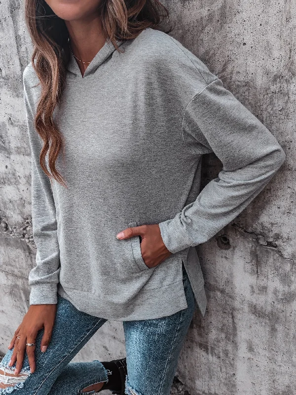 Casual Plain Pocket Long Sleeve Hooded Slit Long Women Sweatshirt