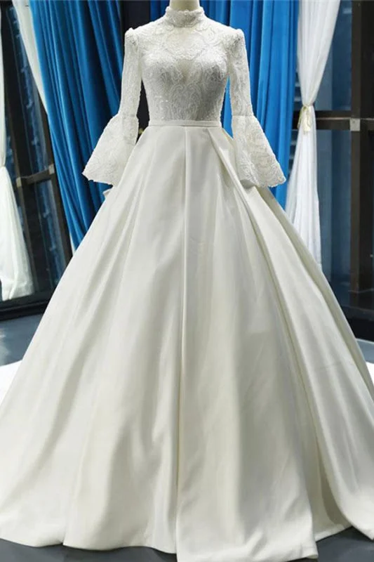 Elegant High Neck Long Sleeve Satin Wedding Dresses