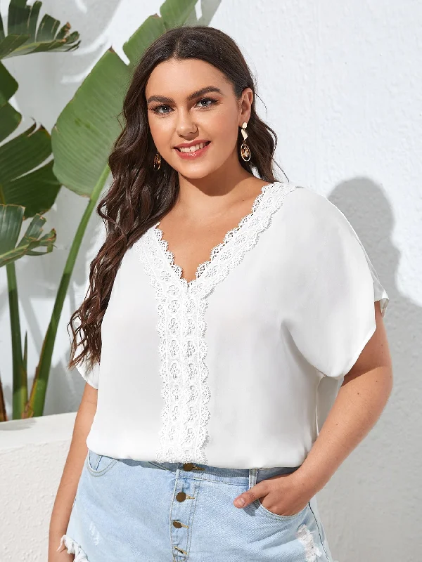 Plain Contrast Lace Short Sleeve V Neck Regular Plus Size Blouse