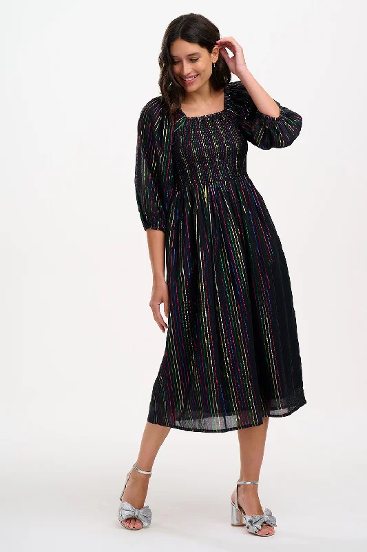 Lillian Midi Shirred Dress - Black, Metallic Rainbow Stripe