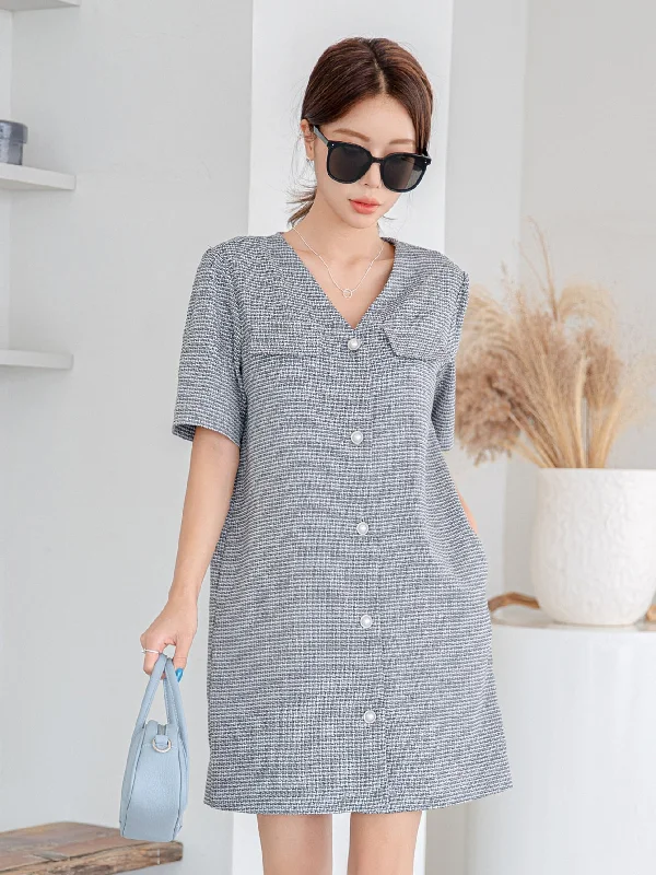 Plaid Button Front Short Sleeve V Neck Straight High Waist Short Dress