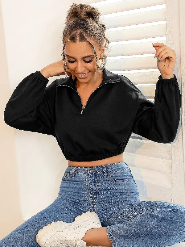 Casual Plain Zipper Long Sleeve Collar Crop Women Sweatshirt