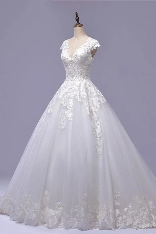 V-Neck Cap Sleeve Lace-up Tulle Wedding Dress