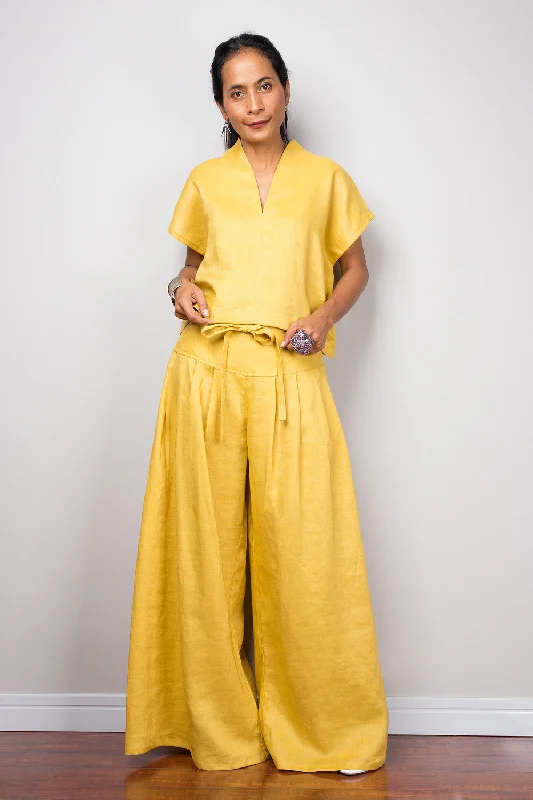 Handmade yellow natural linen long wide leg palazzo pants. Mustard yellow high waist women's summer pants