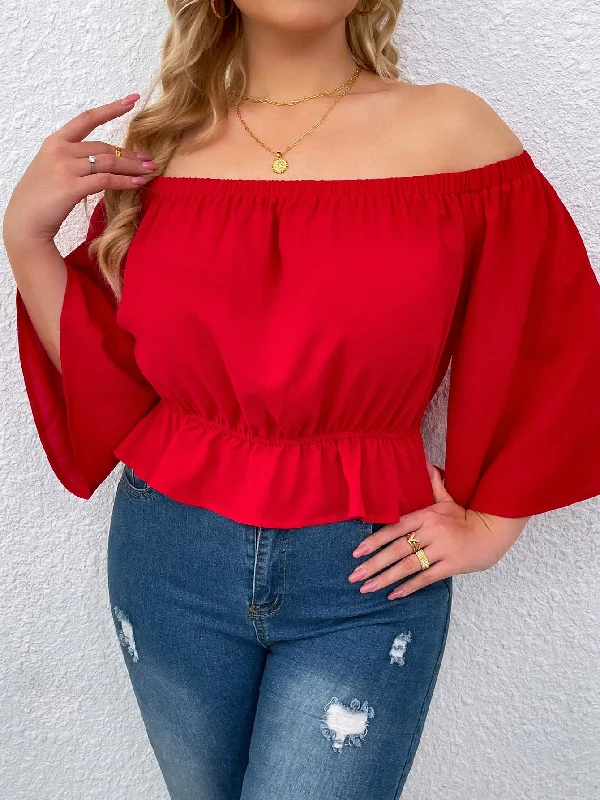 Plain Ruffle Hem Half Sleeve Off The Shoulder Crop Plus Size Blouse