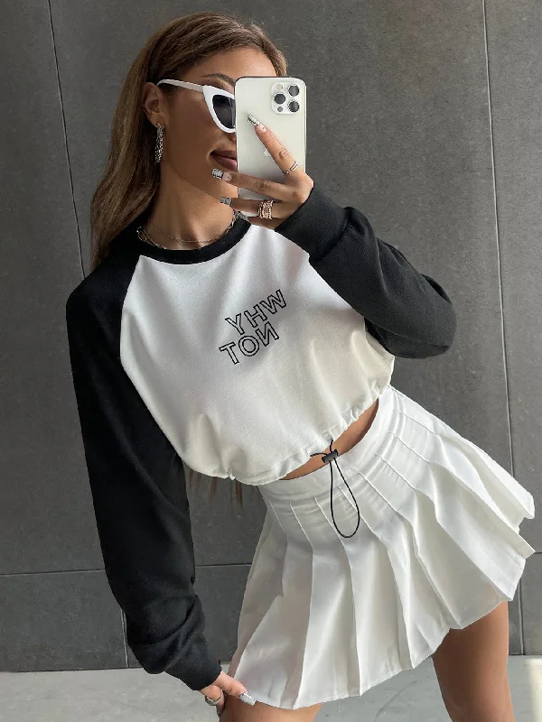 Casual Letter Drawstring Long Sleeve Round Neck Crop Women Sweatshirt