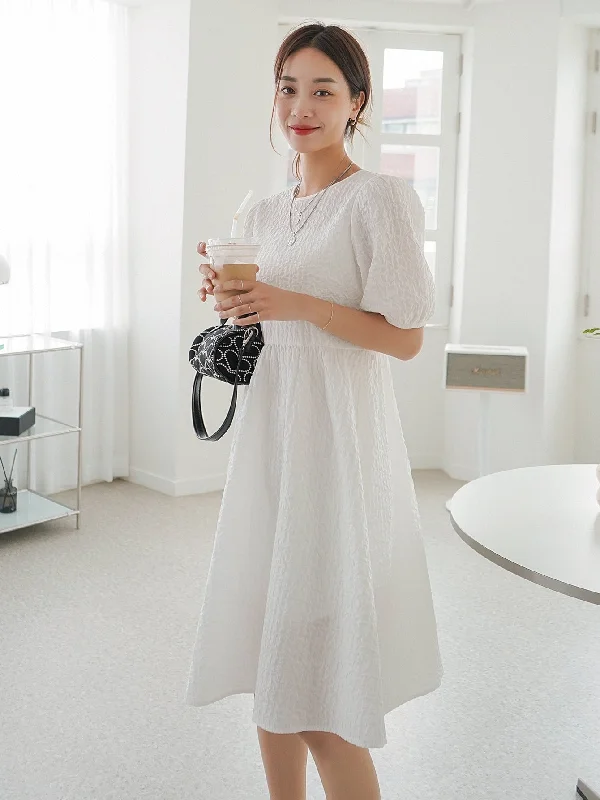 Plain Knot Short Sleeve Round Neck Flared High Waist Midi Dress