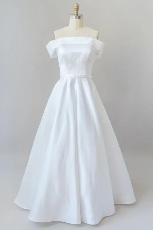 Graceful Off Shoulder Satin Ball Gown Wedding Dress