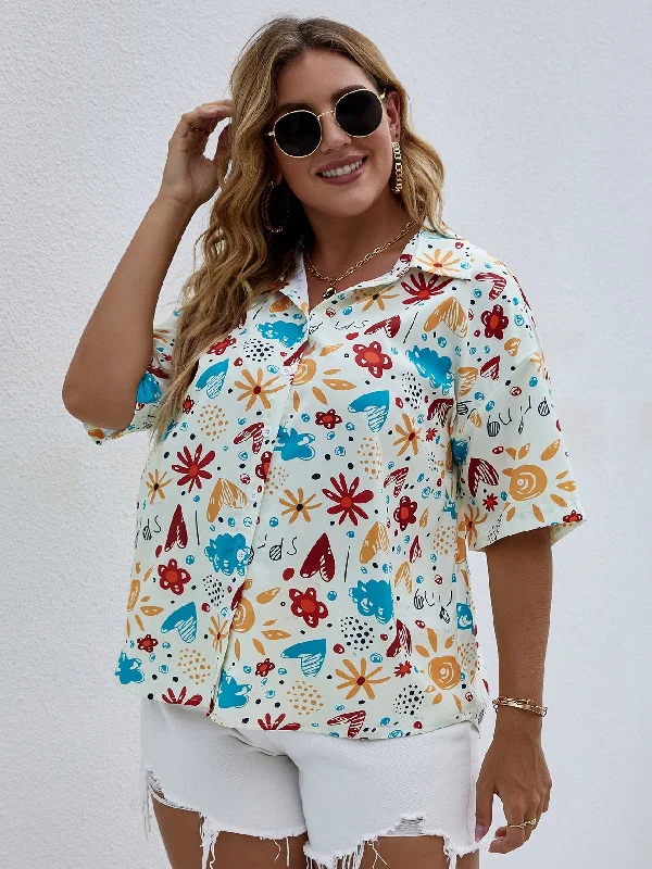 All Over Print Half Sleeve Collar Regular Plus Size Blouse