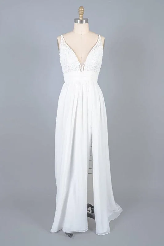 Front Slit Lace Chiffon Sheath Wedding Dress