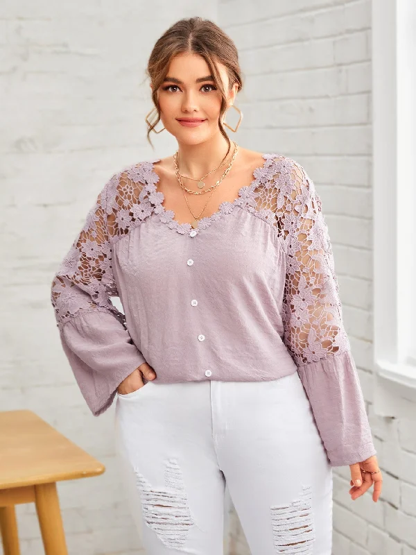 Plain Contrast Lace Long Sleeve V Neck Regular Plus Blouse