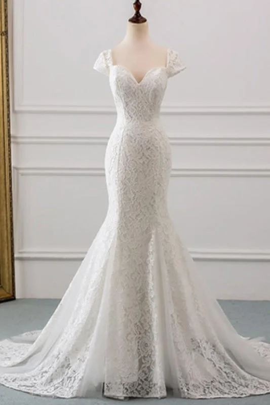 Sweetheart Short Sleeve Lace Mermaid Wedding Dress