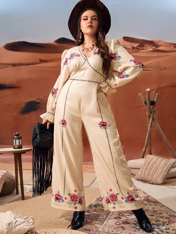 Floral Ruffle Long Sleeve V Neck Long Plus Size Jumpsuit