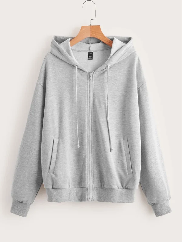 Casual Plain Zipper Long Sleeve Hooded Regular Women Sweatshirt