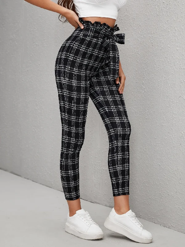 Casual Plaid Paper Bag Waist High Waist Cropped Women Pants