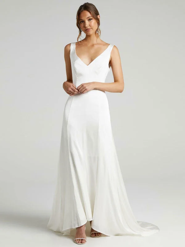 White Simple Wedding Dress A-Line V-Neck Sleeveless Backless Chiffon Bridal Dresses