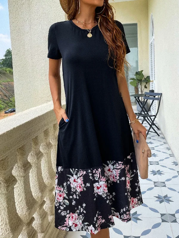 Floral Short Sleeve Round Neck Flared Natural Midi Dress