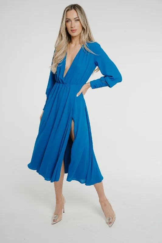 Pia V-Neck Midi Dress In Blue