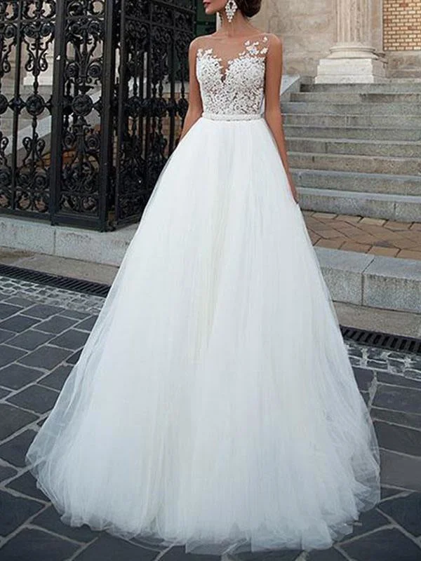 Wedding Dresses 2021 Jewel Neck A Line Floor Length Beaded Sash Tulle Pageant Dress Bridal Gowns