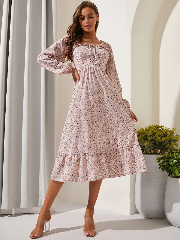 Ditsy Floral Zipper Long Sleeve Square Neck Flounce High Waist Long Dress