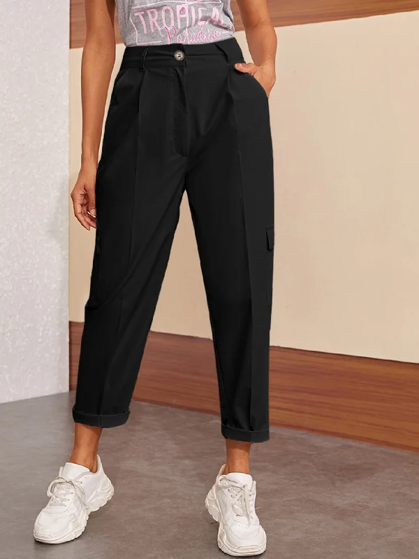 Casual Plain Pocket High Waist Cropped Women Pants