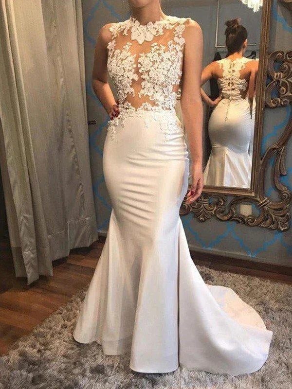 Mermaid Scoop Sleeveless Satin Applique Court Train Wedding Dresses