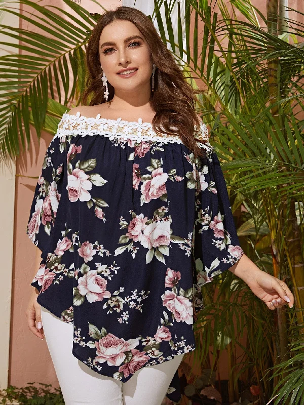 Floral High Low Three Quarter Length Sleeve Off The Shoulder Asymmetrical Long Plus Size Blouse