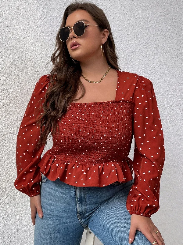 All Over Print Shirred Long Sleeve Square Neck Regular Plus Size Blouse