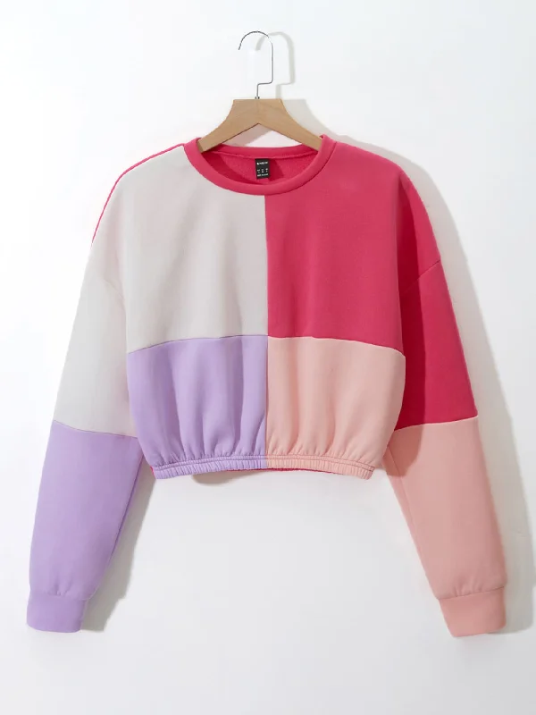 Casual Colorblock Long Sleeve Round Neck Crop Women Sweatshirt