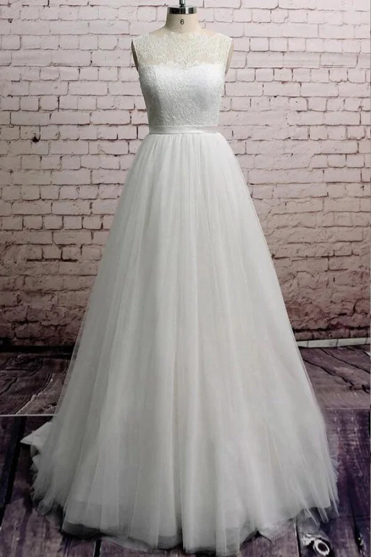 Illusion Lace Tulle Chapel Train Wedding Dress