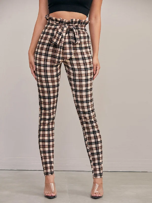 Casual Plaid Paper Bag Waist High Waist Long Women Pants