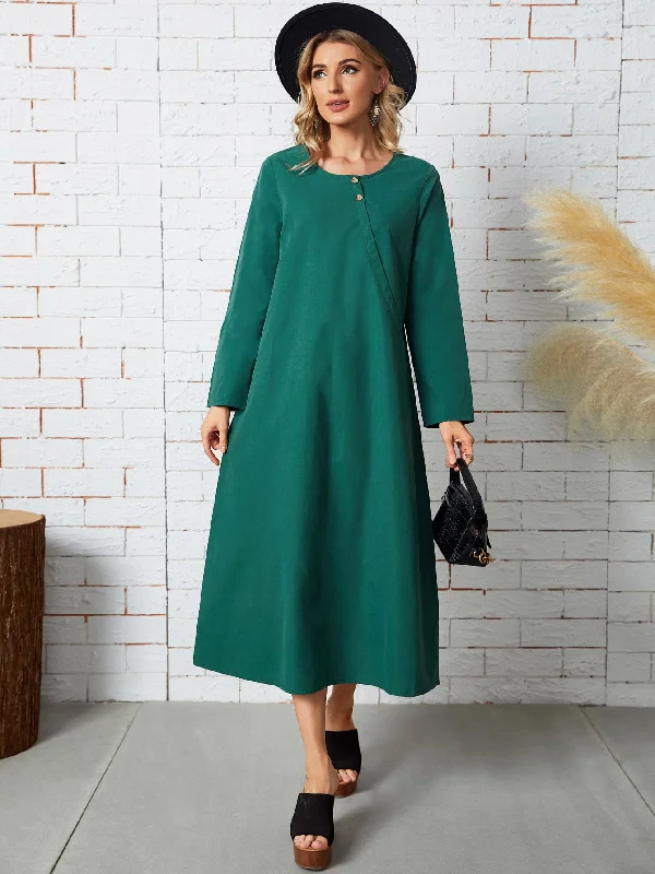 Plain Button Long Sleeve Round Neck Straight Natural Long Dress