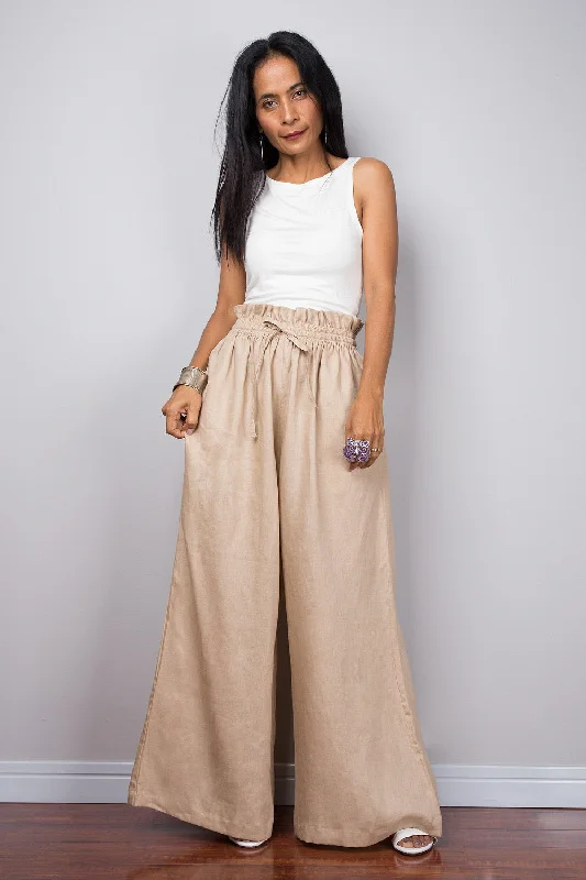 Handmade natural linen long wide leg palazzo pants with pockets. Beige high waist women's summer pants