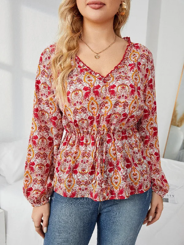 All Over Print Tie Front Long Sleeve V Neck Flared Regular Plus Size Blouse