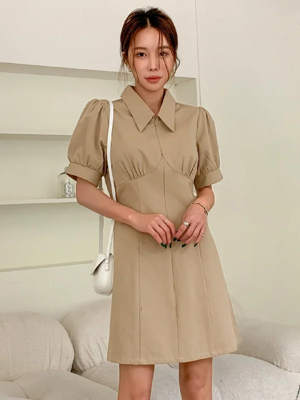 Plain Zipper Short Sleeve Collar Flared High Waist Short Dress