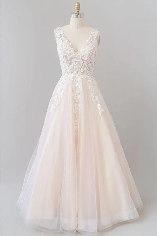 V-neck Appliques Tulle Floor length Wedding Dress