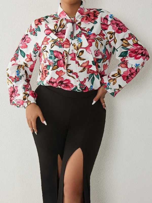 Floral Tie Front Long Sleeve Tie Neck Regular Plus Blouse