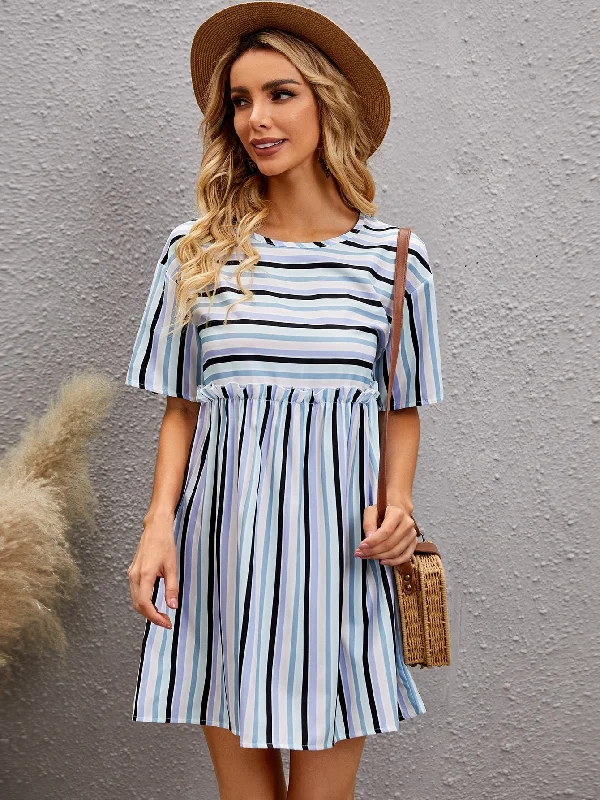 Striped Short Sleeve Round Neck Flared High Waist Short Dress