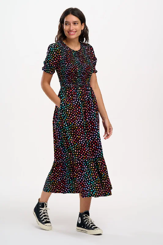 Gemma Midi Shirred Dress - Black, Rainbow Pebbles