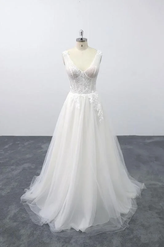 Lace-up V-neck Appliques Tulle A-line Wedding Dress