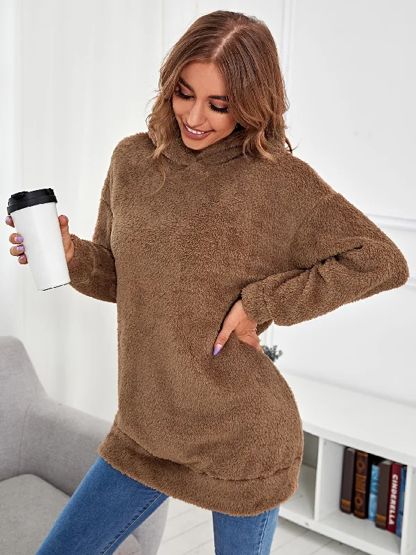 Casual Plain Long Sleeve Hooded Long Women Sweatshirt