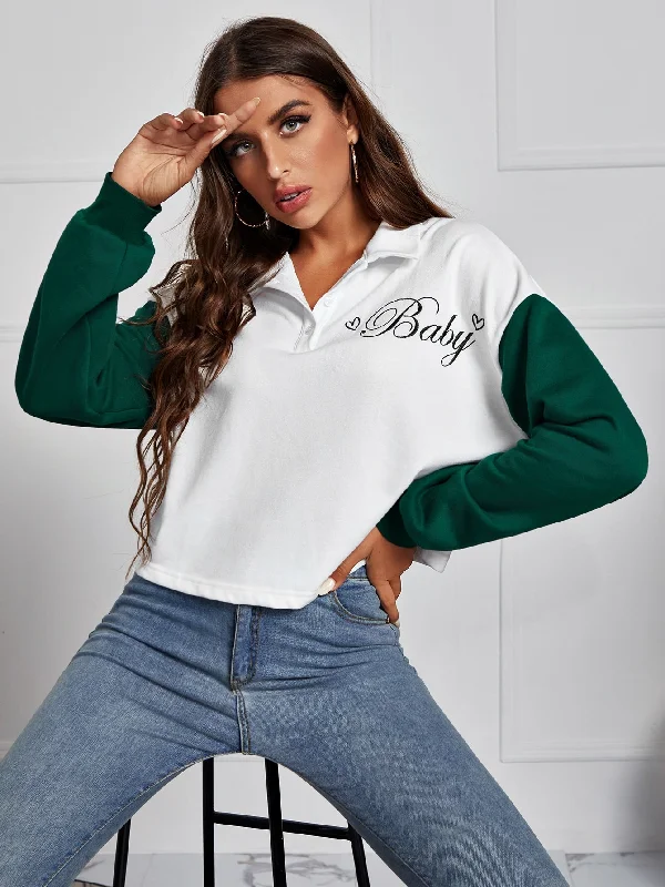 Casual Graphic Button Front Long Sleeve Collar Crop Women Sweatshirt